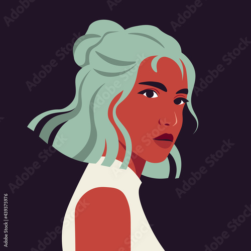Portrait of a young Latin American woman in half-turn with green hair. Avatar for social networks. Vector illustration in flat style.