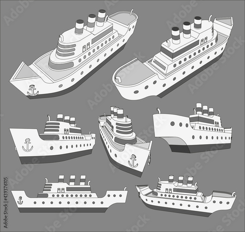 Set,collection with cruise big ship 3d models with three pipes good for travel and tourism ads, books, good for travel tourism brochure. Isolated