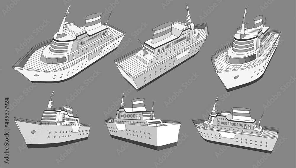 Set , collection with cruise big ship 3d models good for travel and tourism ads, books, good for travel tourism brochure. Isolated