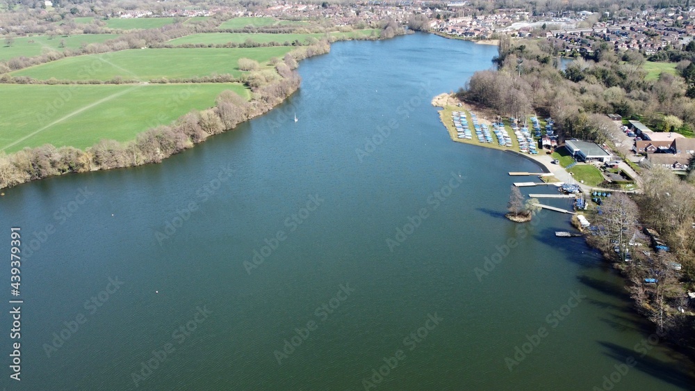 Aerial view of English lake and countryside.