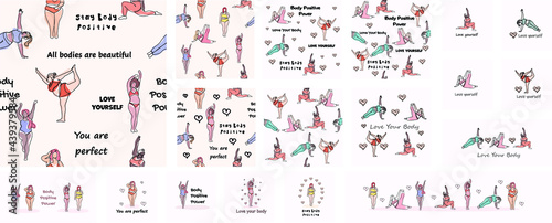 Mega set of body positive. Body positive concept. Illustrations for seamless pattern, postcard, poster, banner, print, textiles. Happy plus size girls doing yoga, fitness