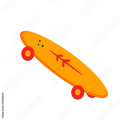 Vector illustration of a skateboard. Yellow skateboard with red wheels.