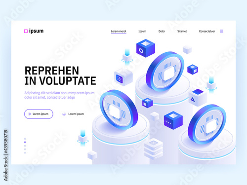Vector landing page of Tech isometric concept. Cryptocurrency exchange, digital money currency, banking transaction, financial tools, investment. Illustration of advertising banner in isometry design 