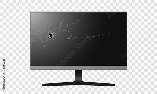Black flat LCD monitor with cracked screen isolated on transparent background vector illustration.
