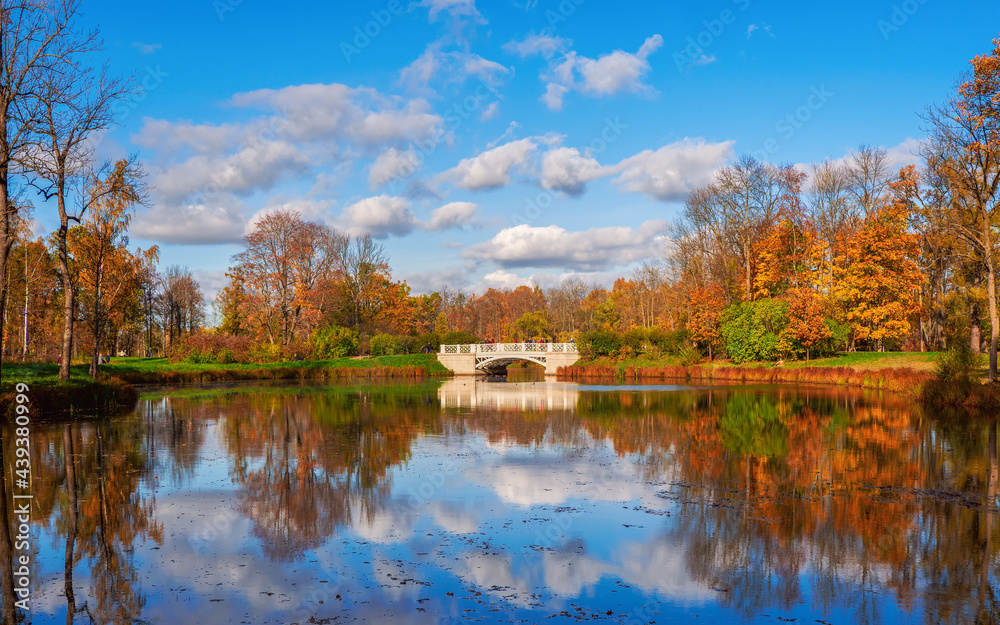 Picturesque autumn landscape with a pond. Beautiful autumn landscape with old stone bridge, red trees and reflection on the lake. Alexander Park, Tsarskoe Selo.