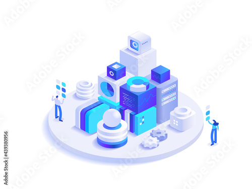 Cryptocurrency and blockchain technology isometric concept. Digital money mining farm, data analysis, financial tools. People work at crypto business. Vector character illustration in isometry design