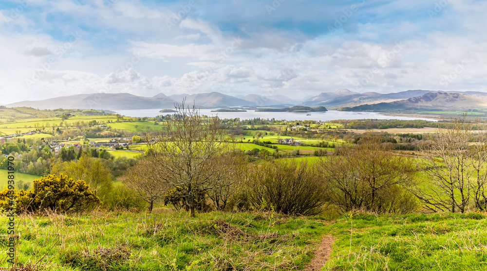 Obraz premium A panorama view towards Loch Lomond from Dumpling Hill, Gartocharn, Scotland on a summers day