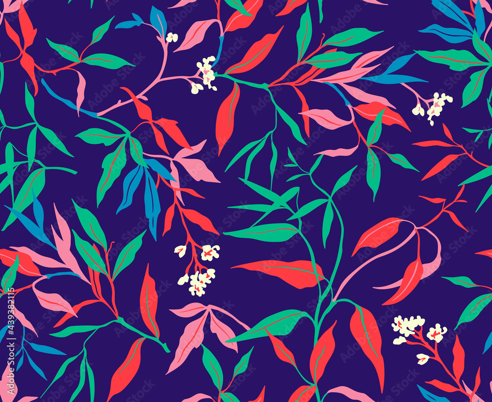 Seamless floral pattern. Tropical background of rainbow leaves with white berries. Leaf on navy blue a background. Stock vector for printing on surfaces and web design.