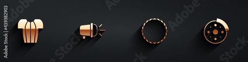 Set Cycling t-shirt, Bicycle head lamp, wheel and brake disc icon with long shadow. Vector