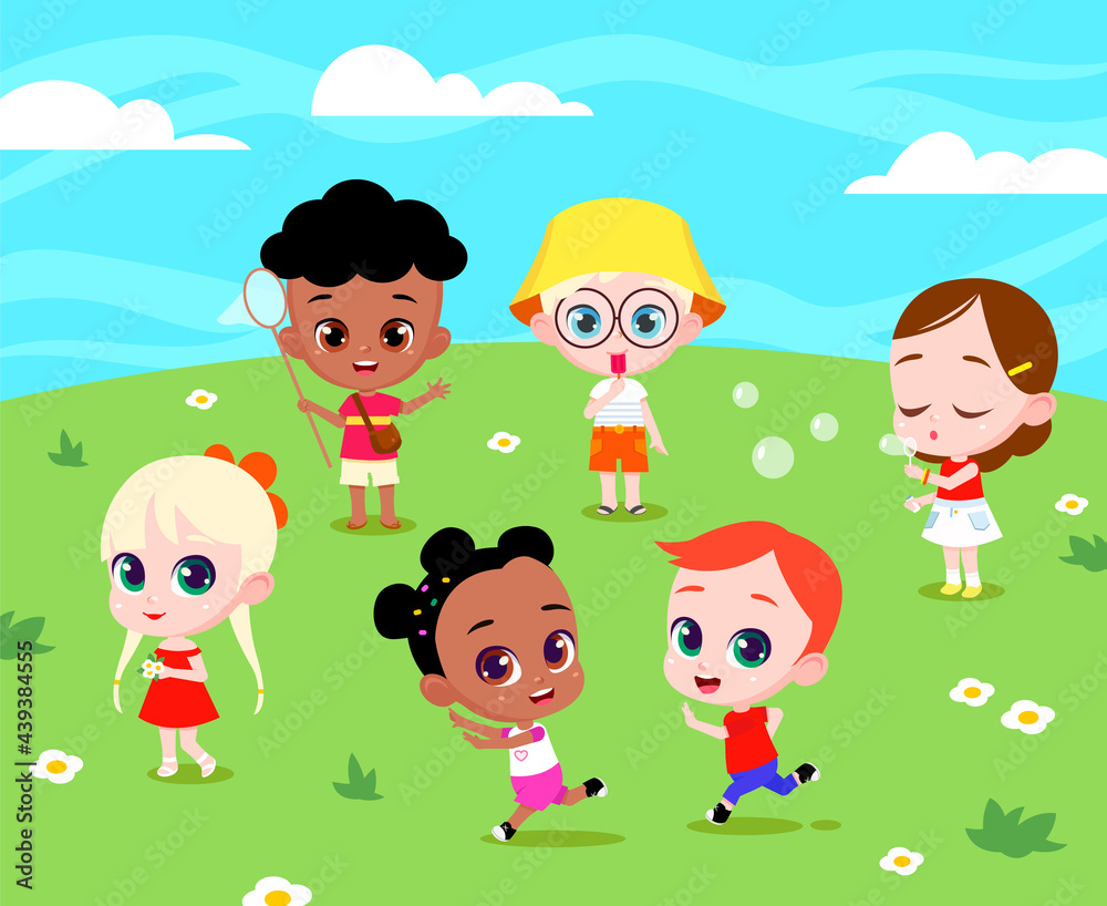 Kids Playing Outside together. Children Game on summer park landscape background. Happy little boys and girls run, eat ice cream, make soap bubble, Play with butterfly net. Vector cartoon illustration