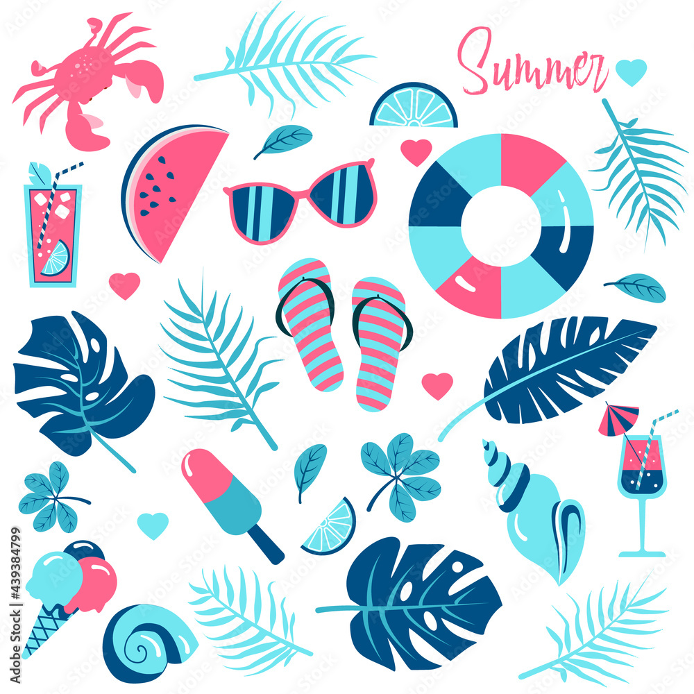 Summer time illustration set. Ice cream, cocktails, shell, palm tree, lemon, rubber ring and crab elements isolated on white background. Vector illustration.