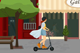 Young female character with backpack ride modern urban transport electric kick scooter. Active hipster adult millennial uses lifestyle ecology technologies. Vector illustration on cityscape