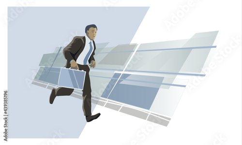 Businessman with a suitcase is late for a meeting flat vector illustration Meeting, business partnership, team, everyday business life. Flat cartoon colorful vector illustration.