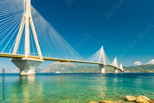 Modern Bridge Rion-Antirion. The bridge connecting the cities of Patras and Antirrio, Greece photo