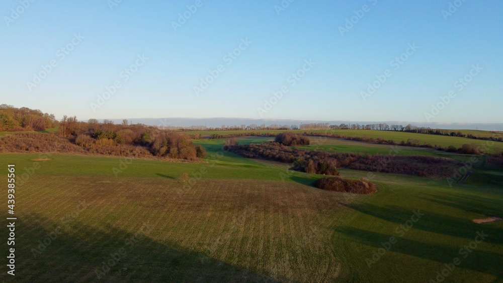 Aerial sunrise of English countryside.