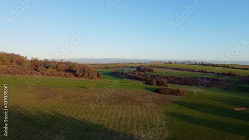 Aerial sunrise of English countryside.