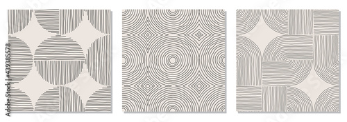 Set of trendy minimalist seamless pattern with abstract hand drawn composition
