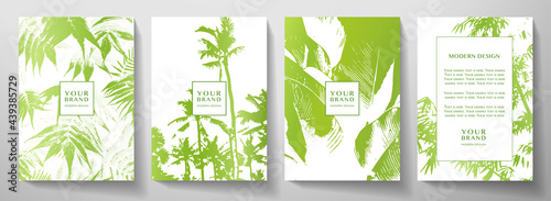 Tropical cover, frame design set with abstract leaves, palm tree pattern. Green exotic vector background useful for brochure, menu template, summer holiday poster