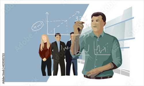 Business people meeting. Businessman draws a graph. Coworkers characters discussion in modern office. Coworking, negotiation, business partnership, team. Flat cartoon colorful vector illustration.