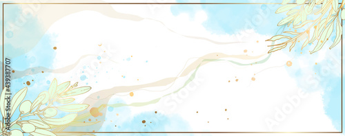 Luxurious golden wallpaper. White background and blue watercolor stains. Golden olive leaves with a shiny light texture. Modern art mural wallpaper. Vector illustration.