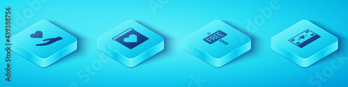 Set Isometric Heart in hand, Dating app online, Donation charity and Free sign icon. Vector