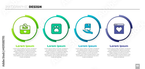 Set Donation and charity, Paw print, Book donation and Dating app online. Business infographic template. Vector