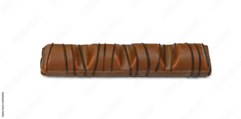 Black chocolate bar with soft hazelnut filling isolated on white background.