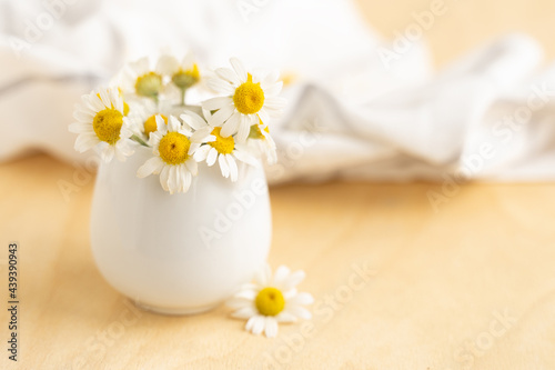 Chamomiles in white cup on wooden table. Herbal tea. Side view.Horizontalphoto