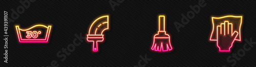 Set line Feather broom, Temperature wash, Rubber cleaner for windows and Cleaning service. Glowing neon icon. Vector