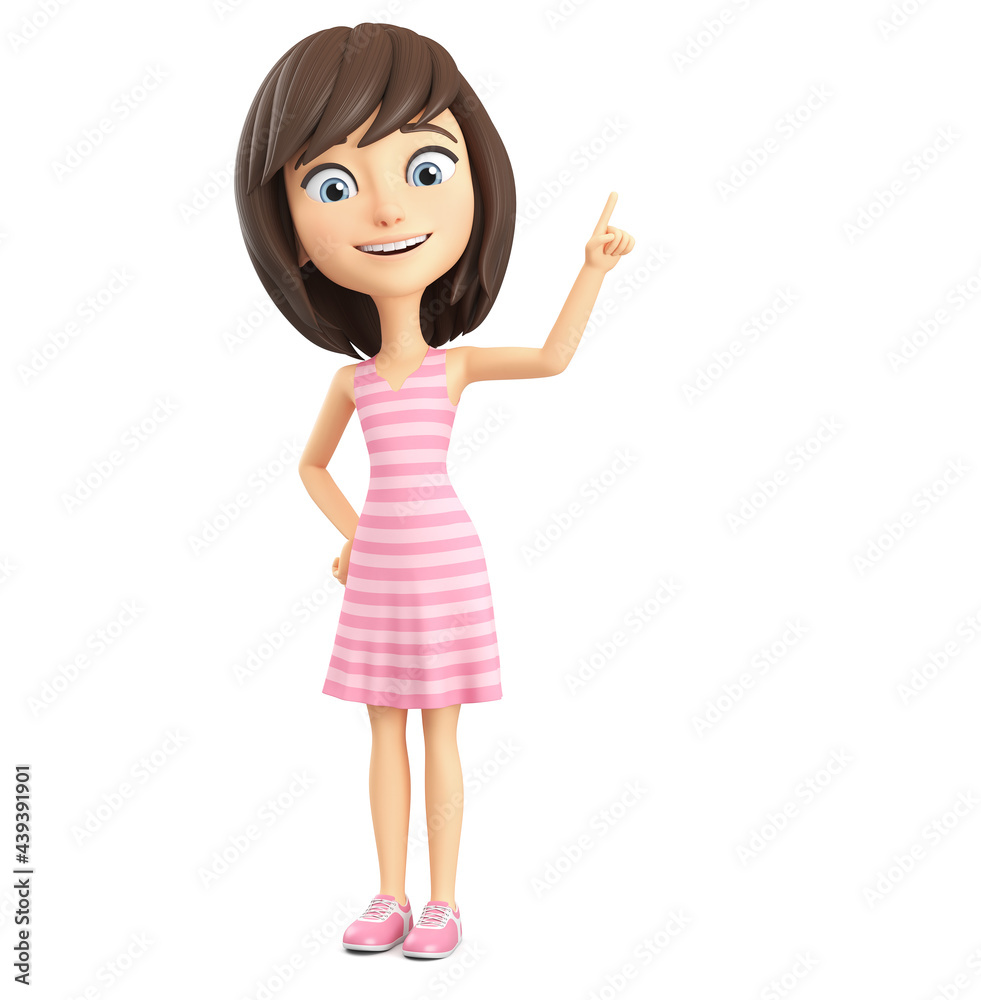Cartoon character girl in a pink striped dress points with a finger to an empty space on a white background. 3d render. Cartoon character girl in a pink striped dress points with a finger to an empty space on a white background. 3d render.