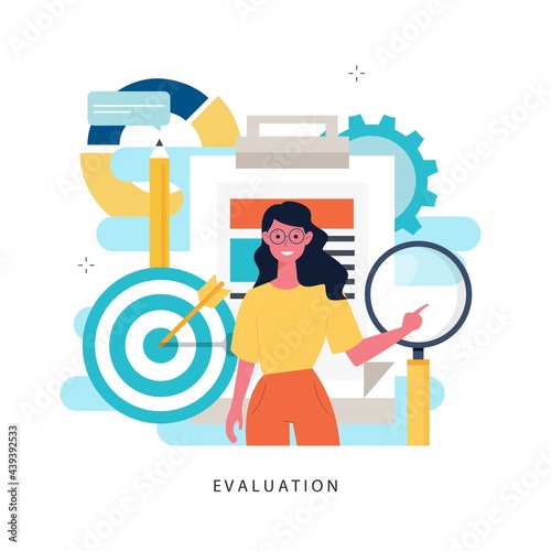 Evaluation, examination questionnaire, planning project, business assessment, data collecting flat vector illustration design. Questionnaire clipboard, project review for mobile and web graphics