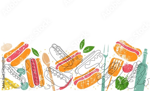 SeamlessPattern with Hot Dogs, ingredients and cooking utensils. Border with Fast Food. Can be yused as element of Poster, Banner, Flyer in social media, shop identity, interior decorating. 