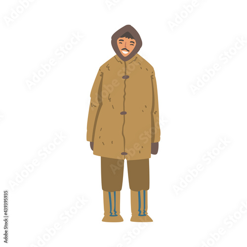 Eskimo Man Character, North Man Wearing Authentic Traditional Outfit Cartoon Vector Illustration