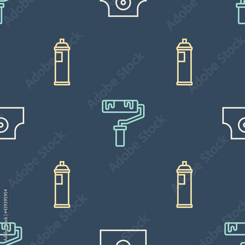 Set line Spray can nozzle cap, Paint spray and roller brush on seamless pattern. Vector