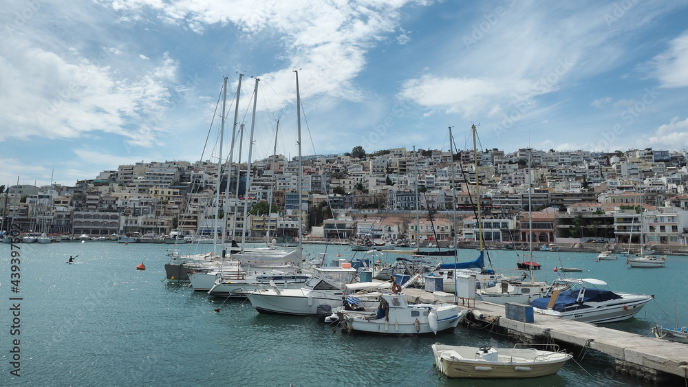 Beautiful round port of Mikrolimano in the heart of Piraeus during renovation works, Attica, Greece