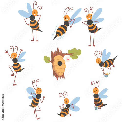 Cute Working Bees Flying around the Hive, Cute Happy Funny Bee Characters Collecting Honey Cartoon Vector Illustration