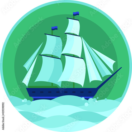 Vector icon in nautical style. Old sailing ship on emerald sea background in the waves.