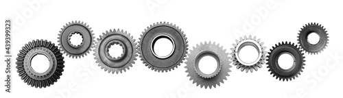 Metal gears, cogwheels isolated on white background collage. Spare parts banner. photo