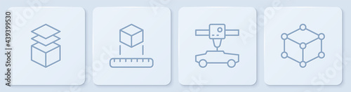 Set line Layers, 3D printer car, Isometric cube and . White square button. Vector