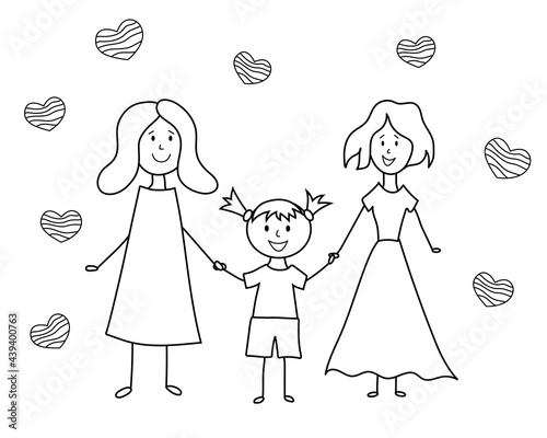 Lgbt family doodle. Children's drawing. Two happy lesbian women with girl. Vector hand drawing illustration.