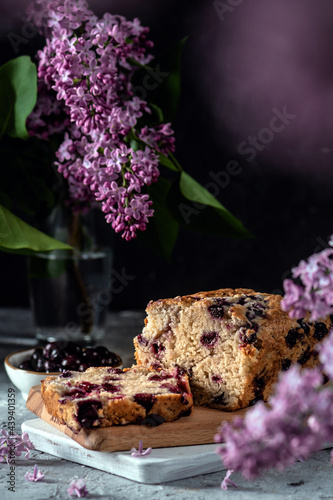 Homemade cake with berries on dark background