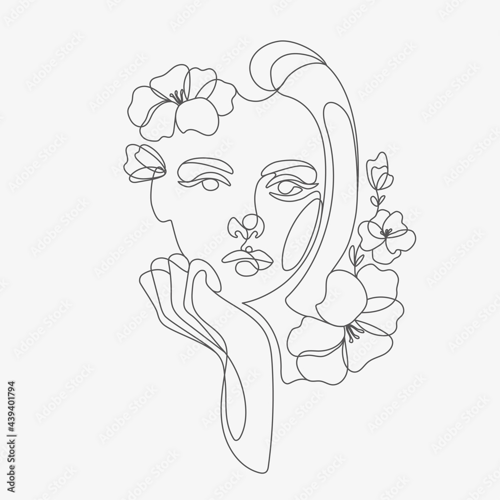 Woman head with flowers composition. Hand-drawn vector line-art illustration. One Line style drawing. Woman head with flowers composition. Hand-drawn vector line-art illustration. One Line style drawing.