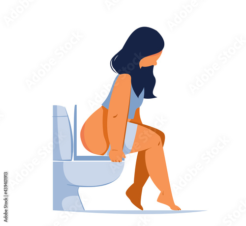 The girl is sitting on the toilet. Woman in the toilet. Hemorrhoids or diarrhea. Flat style vector character drawing. Lowered underwear. Overweight woman in bathroom