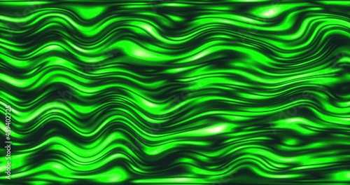 Animated digital Sweeping Curves of flowing metallic liquid background in green.