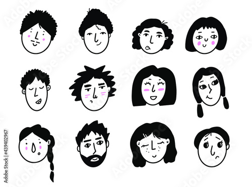 People faces in cartoon doodle style. Hand drawn doodle set
