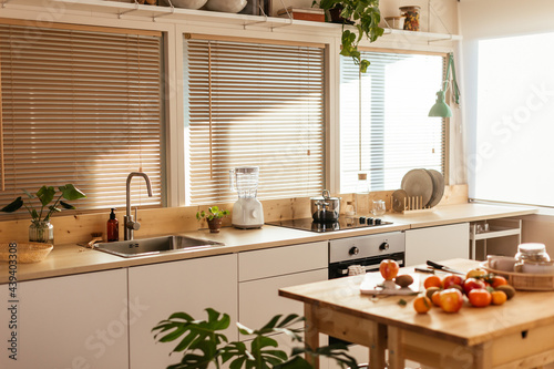 Modern kitchen with food and kitchenware