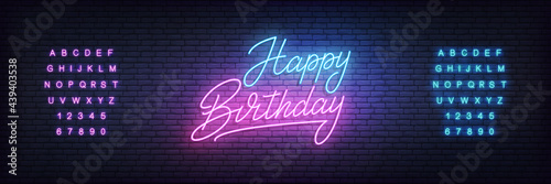Happy Birthday neon template. Glowing neon lettering Birthday sign