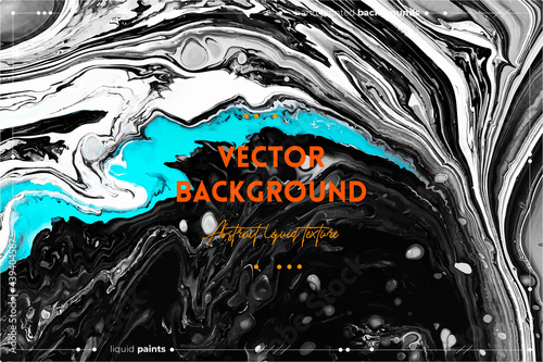 Fluid art texture. Backdrop with abstract swirling paint effect. Liquid acrylic artwork that flows and splashes. Mixed paints for baner or wallpaper. Black, white and blue overflowing colors.