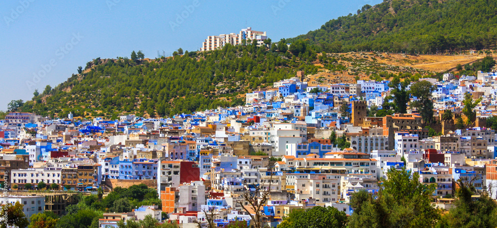 Fototapeta premium 07 August 2018 - Chefchaouen , Morocco : A panoramic view of the city of Chefchaouen, the Blue Pearl. Chefchaouen, Morocco.