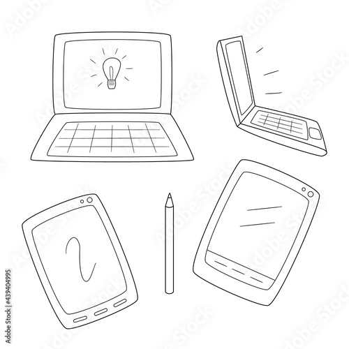 Set of laptops and computer tablets.Contour black and white isolated illustration in doodle style on white background.